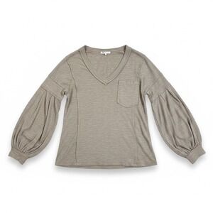 Collection by Cezele Taupe Ribbed V-Neck Balloon Sleeve‎ Pocket Top M Boho